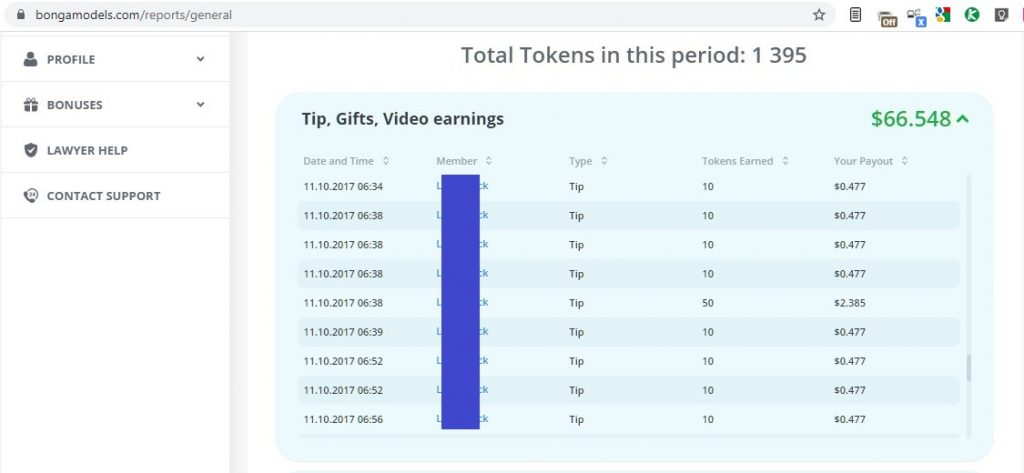 Bongacams token earnings details