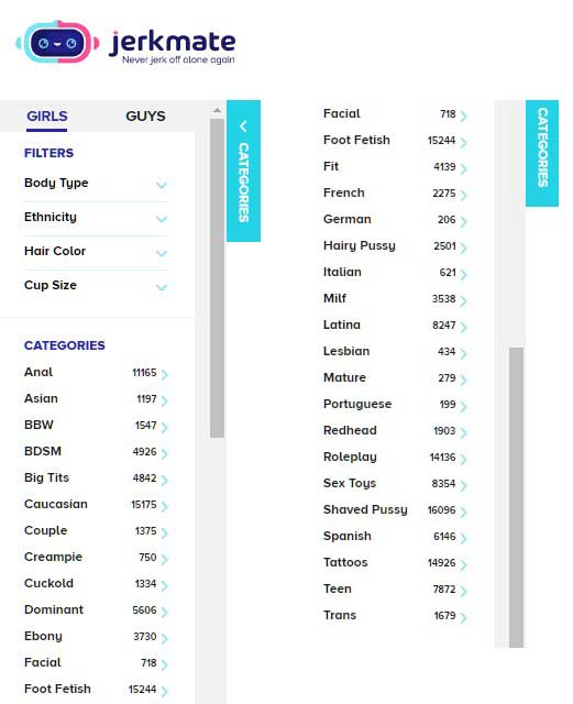 Categories of cams on Jerkmate, for example, creampie cam, cuckold cams, hairy pussy cams
