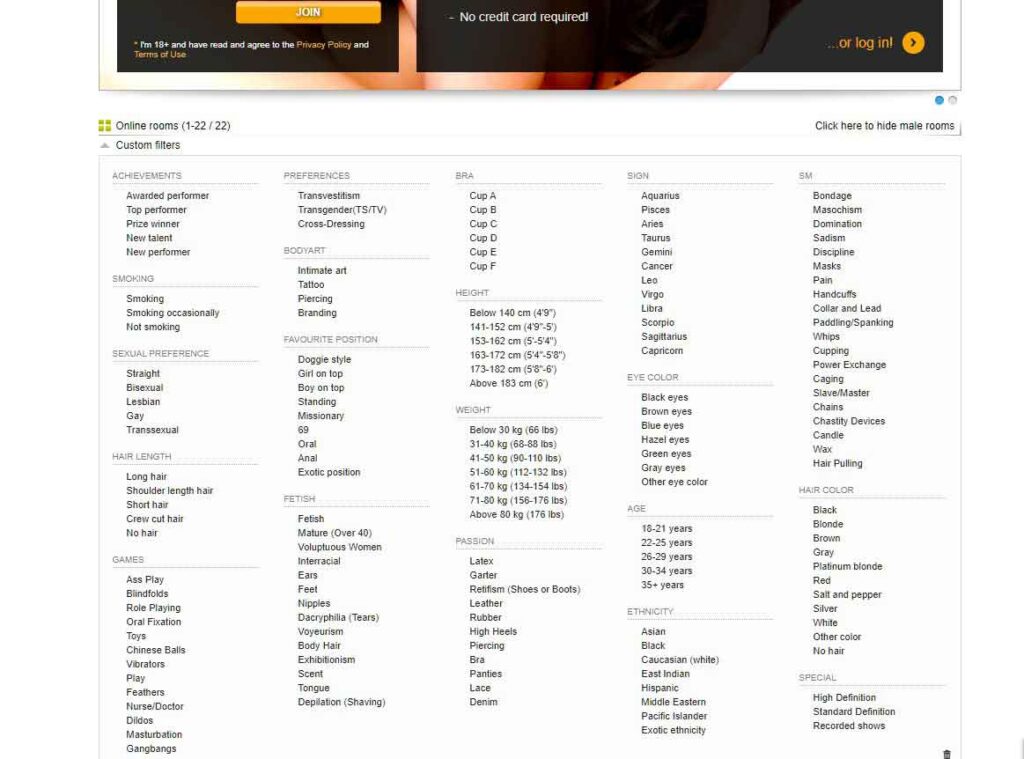Sexchat.hu fetish filters and categories