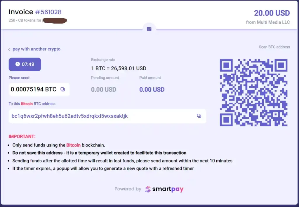 Smartpay shows the list of crypto accepted by Chaturbate.